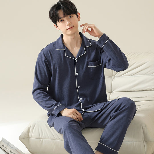 Herren-Pyjama-Set, Baumwolle, langärmelig, schlicht