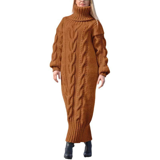 Langer Damen-Rollkragenpullover mit Zopfmuster