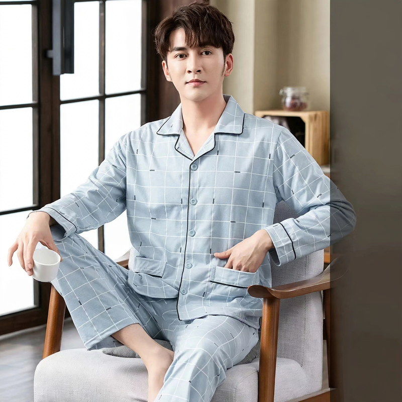 Herren-Pyjama-Set, 100% Baumwolle, langärmelig, geknöpft