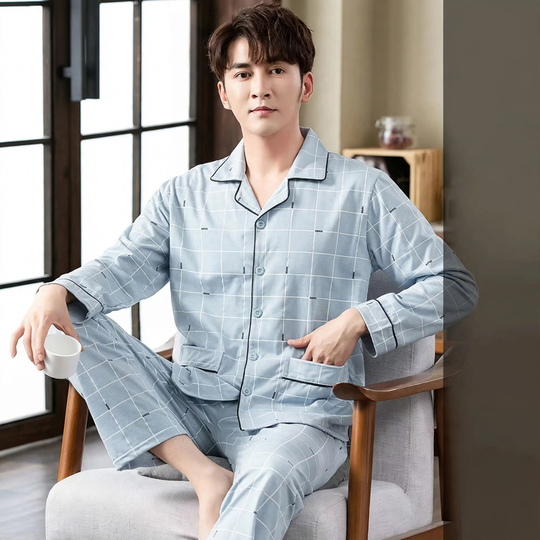 Herren-Pyjama-Set, 100% Baumwolle, langärmelig, geknöpft