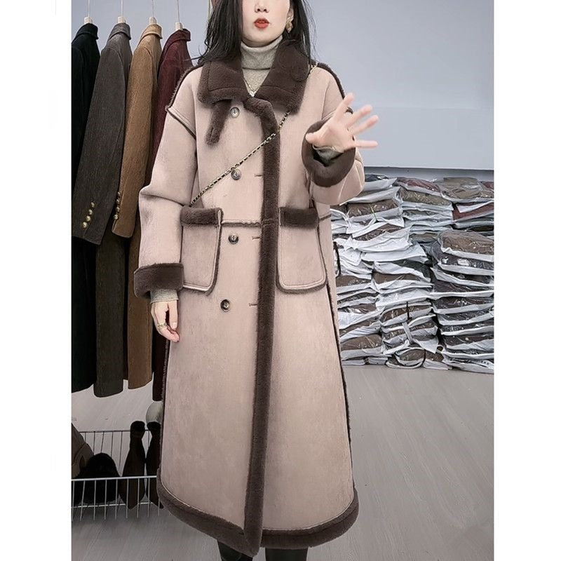 Lammfleece-Mantel für Damen, Wildleder-Optik, lang