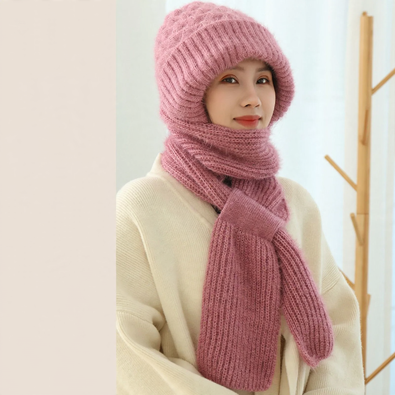 Gefütterte Strickmütze mit Schal für Damen
