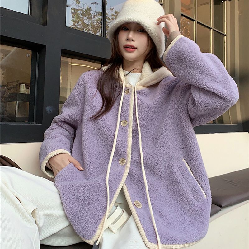 Lammfleece-Kapuzenjacke für Damen, lässiger Stil