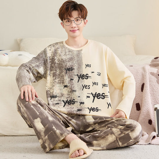 Herren-Pyjama-Set, Baumwolle, Langarm, große Größen