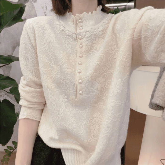 Damen-Strickpullover mit Spitzenbesatz und Perlen