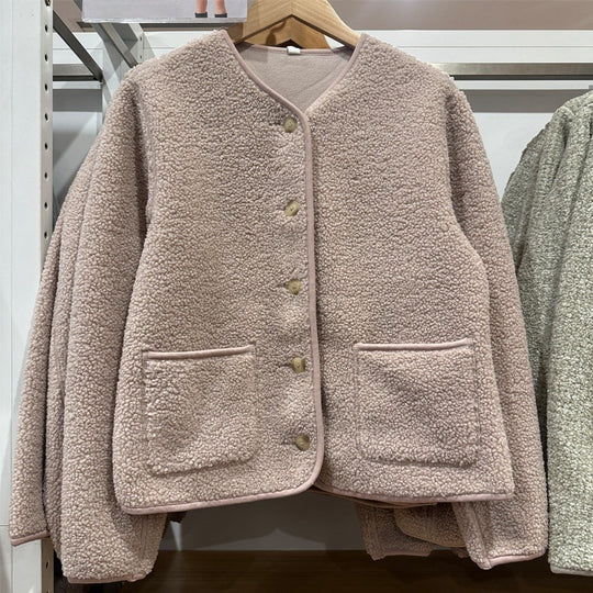 Damen-Strickjacke aus Lammfell-Imitat und Fleece