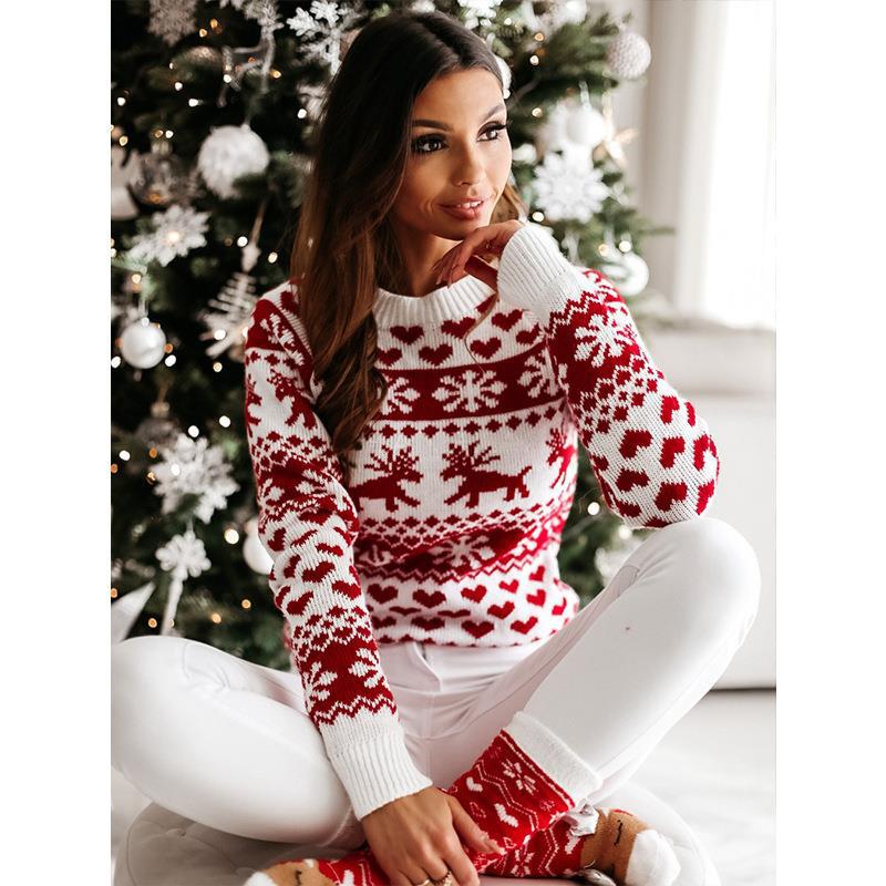 Damen Weihnachtspullover, Rentier-Motiv, Rundhalsausschnitt