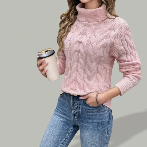 Strickpullover mit Zopfmuster und hohem Kragen