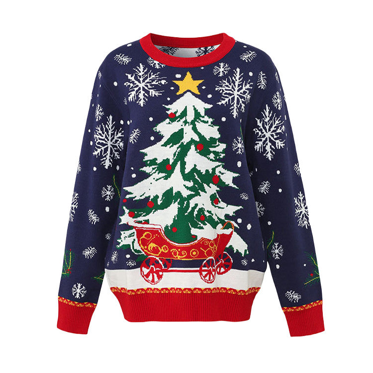 Unisex-Weihnachtspullover mit Rentier- und Baum-Jacquard
