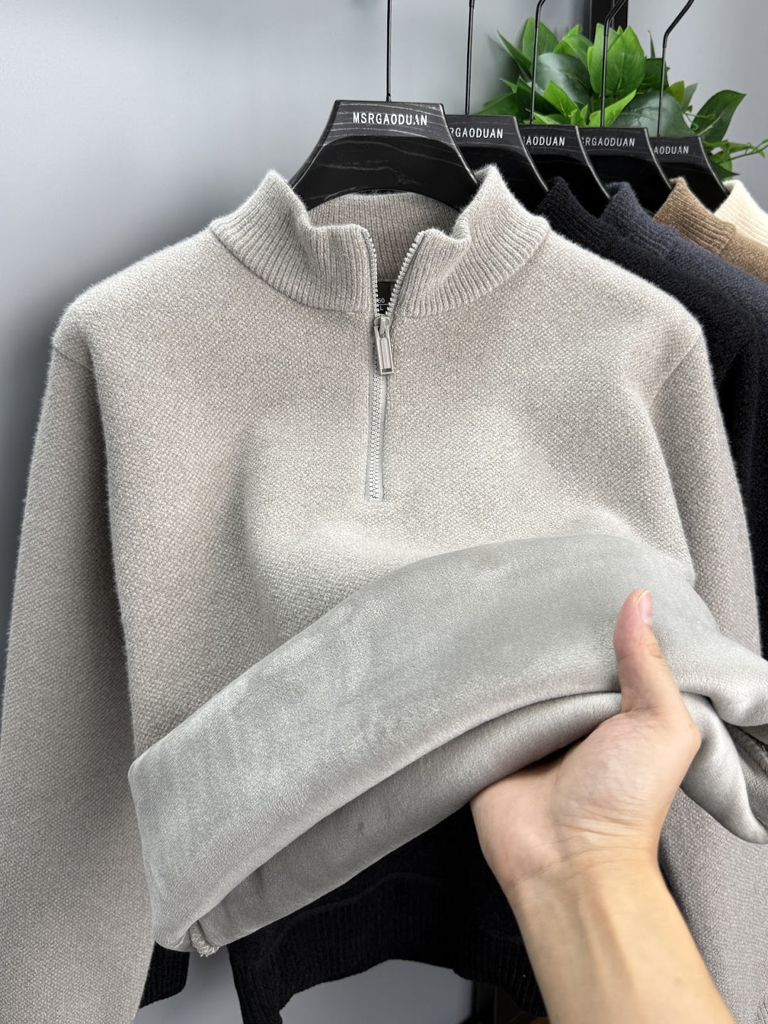 Herren-Pullover mit Reißverschluss, gefüttert, Stehkragen