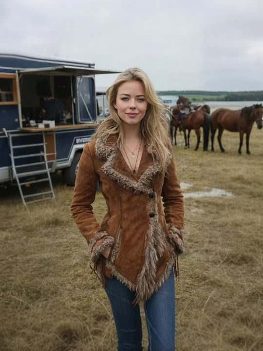 Damen-Wildlederimitat-Jacke mit Fellkragen und Revers