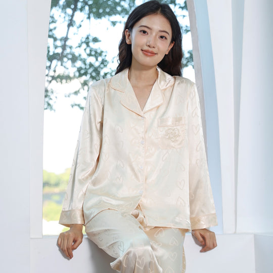 Damen-Pyjama-Set, Eisseide, Langarm, Herzmuster