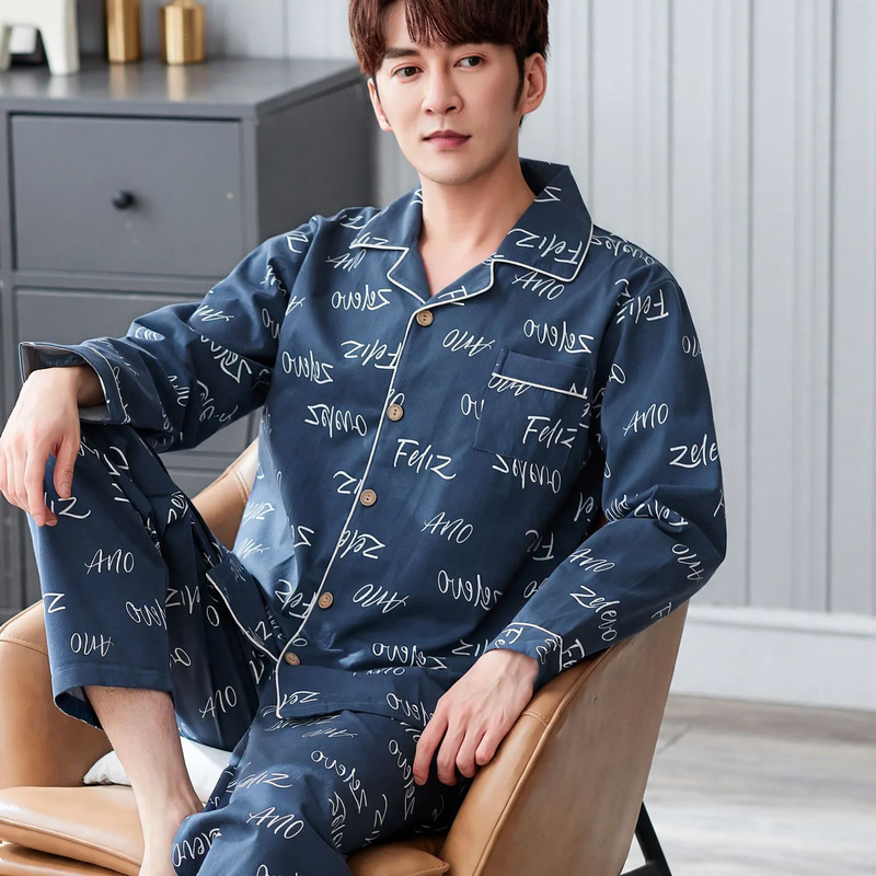 Herren-Pyjama-Set, 100% Baumwolle, Langarm, Übergrößen