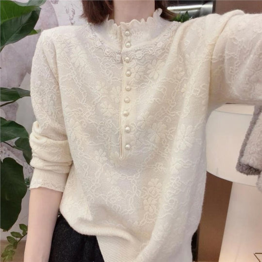 Damen-Strickpullover mit Spitzenbesatz und Perlen
