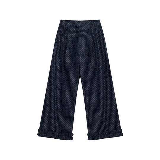 Gepunktete Cord-Freizeithose mit Rüschen-Details