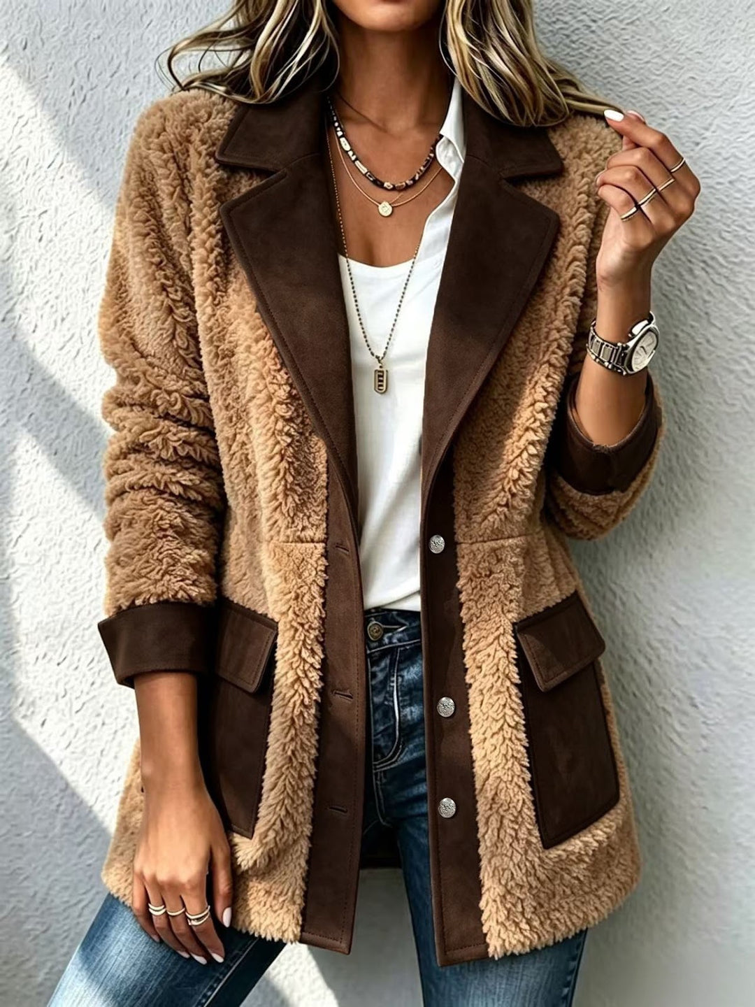 Lammfleece-Jacke mit Revers und Knopfleiste