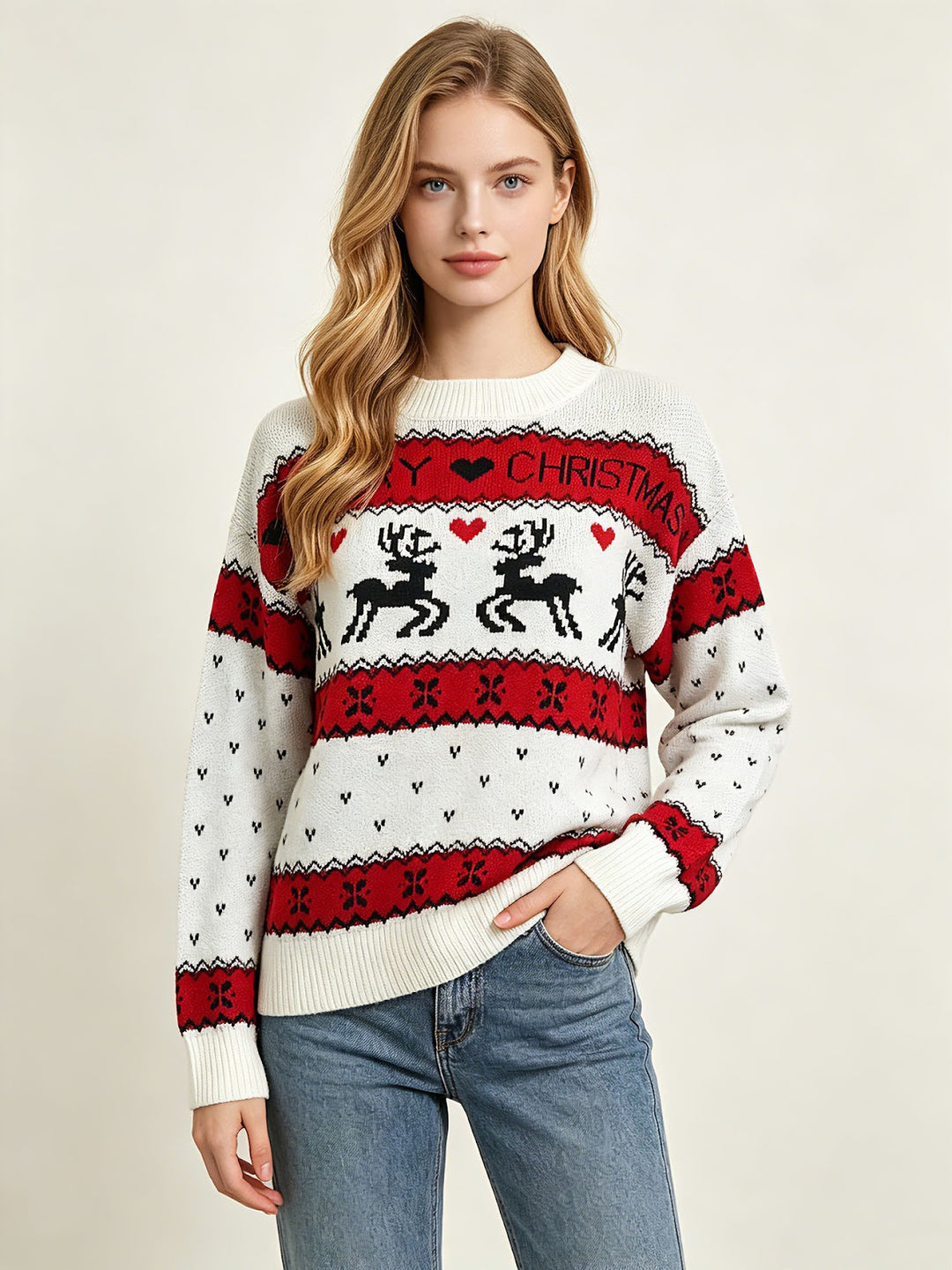 Lockerer Damen-Weihnachtspullover mit Rentier-Jacquard