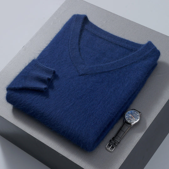 Herren-Wollpullover, V-Ausschnitt, locker, unifarben