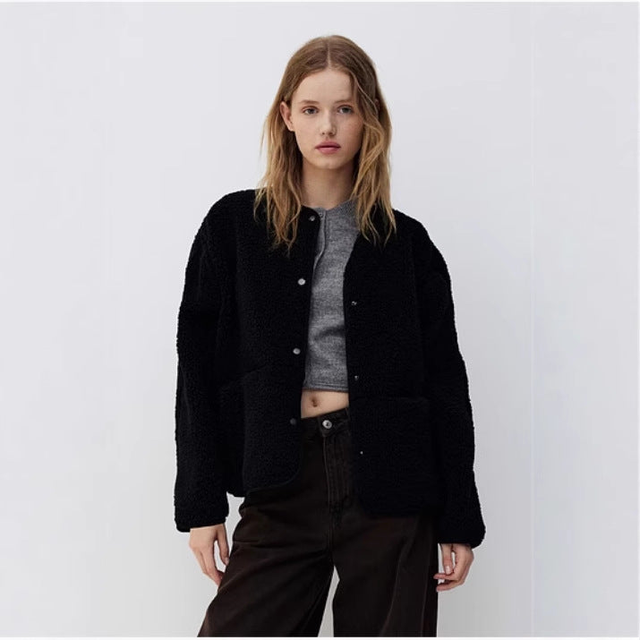 Damen-Teddyfleece-Kurzjacke, Rundhalsausschnitt