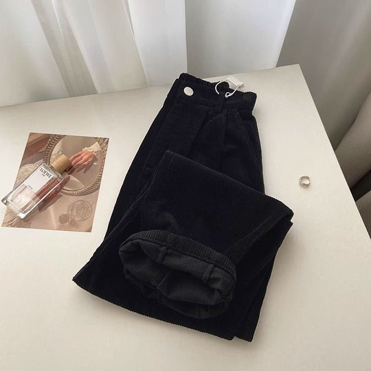 Damen-Cordhose, weit geschnitten, hoch tailliert, gesteppt