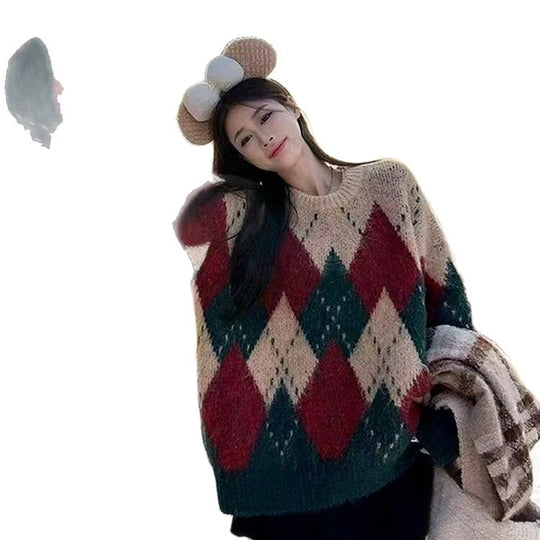 Damen-Strickpullover, locker, mit Rautenmuster