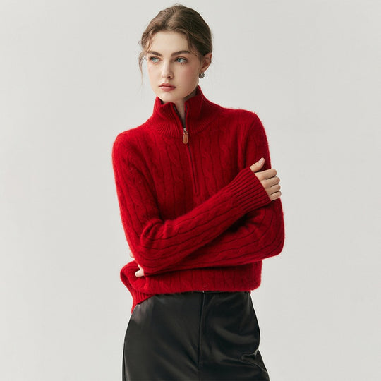 Damen-Strickpullover mit Reißverschluss und Zopfmuster