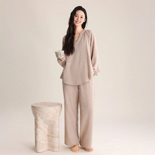 Damen-Pyjama-Set, Doppelschicht-Gaze, V-Ausschnitt