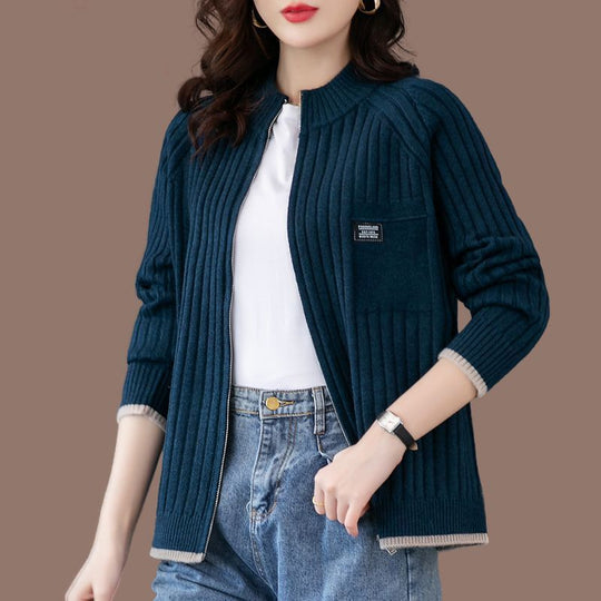 Damen-Strickjacke mit Reißverschluss, gestreift
