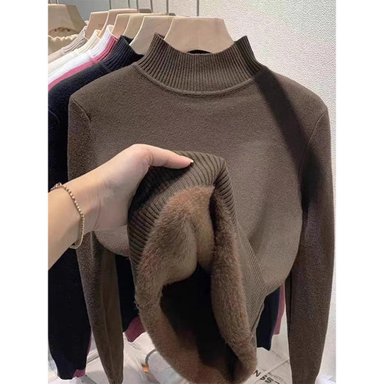 Gefütterter Damen-Strickpullover mit hohem Kragen