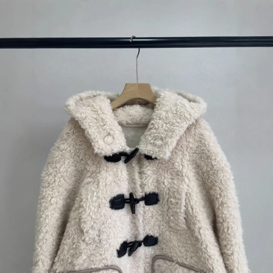 Damen-Teddy-Fleecejacke mit Kapuze und Knebelknöpfen
