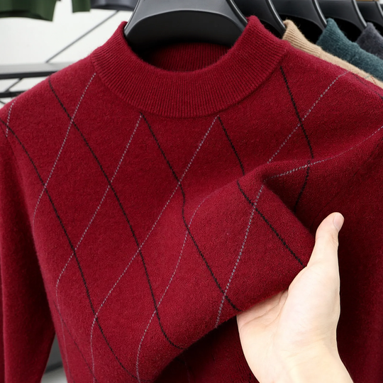 Herren-Wollpullover, kariert, Stehkragen, extra warm
