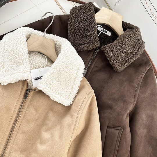 Damen-Wildlederimitat-Jacke mit Lammfell-Optik und Revers