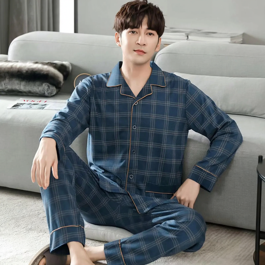 Herren-Pyjama-Set, 100% Baumwolle, langärmelig, geknöpft