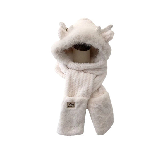 Damen Winter-Set: Plüsch-Kapuzenmütze mit Schal und Handschuhen