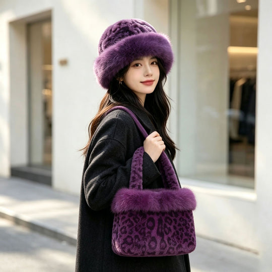 Winter-Set: Handtasche und Mütze im Leoparden-Design