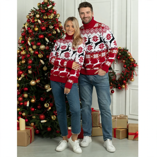 Unisex Weihnachtspullover mit Rentier-Jacquard und Rollkragen