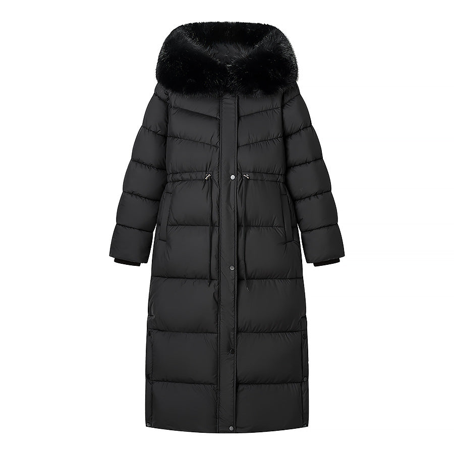 Lange Damen-Steppjacke mit Kapuze und Kunstfellbesatz