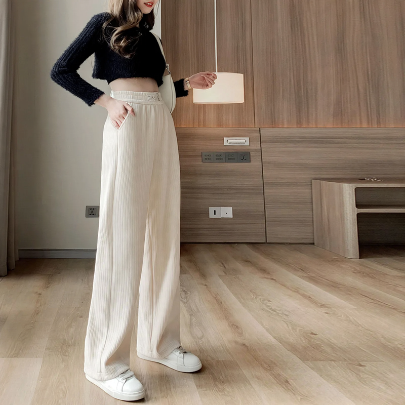 Chenille-Hose mit weitem Bein, hoch tailliert