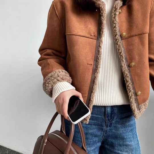Damen-Winterjacke, Plüsch-Optik, gefüttert, lässiger Stil