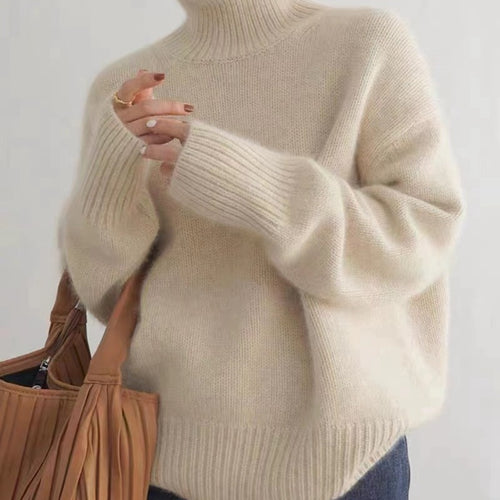 Damen-Wollpullover, hoher Kragen, lockere Passform