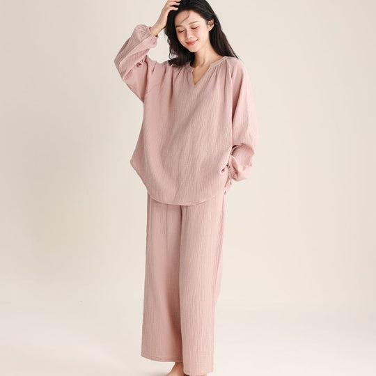 Damen-Pyjama-Set, Doppelschicht-Gaze, V-Ausschnitt