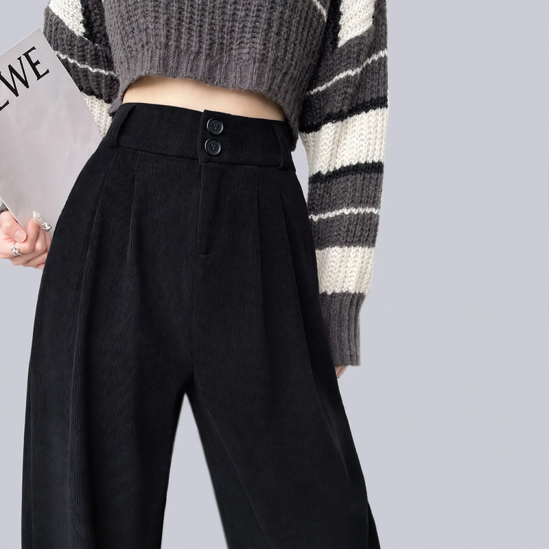 Chenille-Stoffhose mit hohem Bund, gerade geschnitten