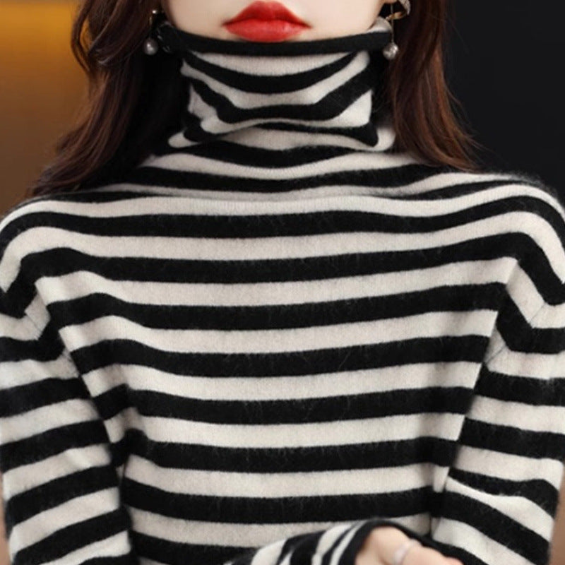 Damen-Strickpullover, gestreift, Stehkragen
