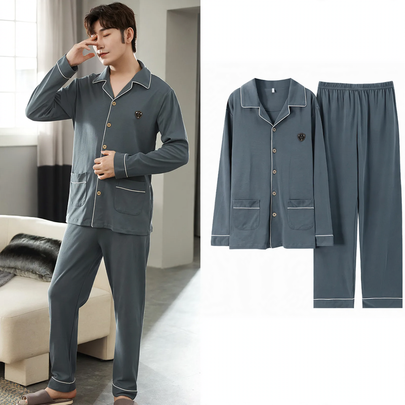 Herren-Pyjama-Set, Baumwolle, Langarm, mit Knopfleiste