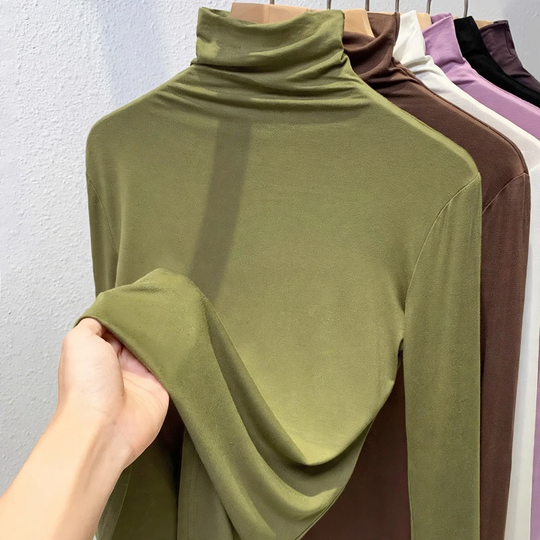 Damen-Langarm-Rollkragen-Shirt, gerippt und elastisch