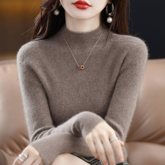 Damen-Kaschmirpullover, nahtlos, 100% Wolle, Stehkragen