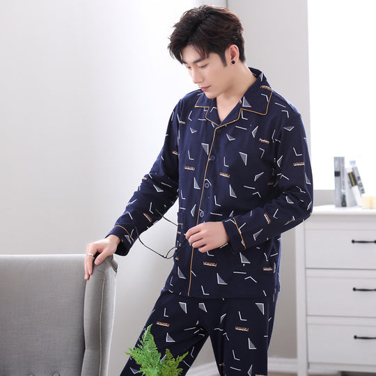 Herren-Pyjama-Set, Baumwolle, Langarm, mit Knopfleiste