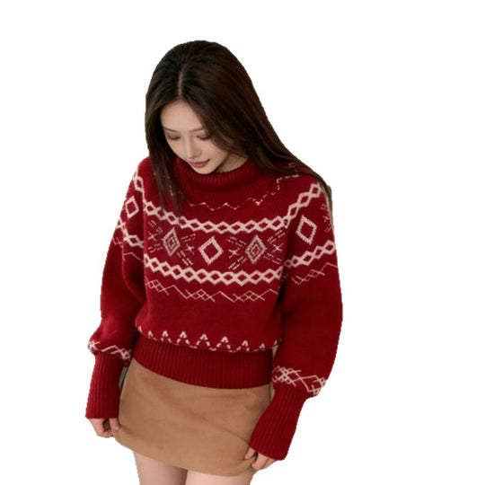 Roter Fair-Isle-Strickpullover mit Rollkragen