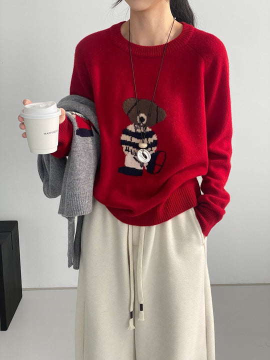 Damen-Strickpullover, Rundhalsausschnitt, Bären-Stickerei