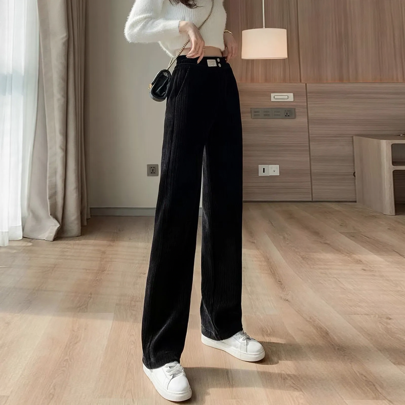 Chenille-Hose mit weitem Bein, hoch tailliert